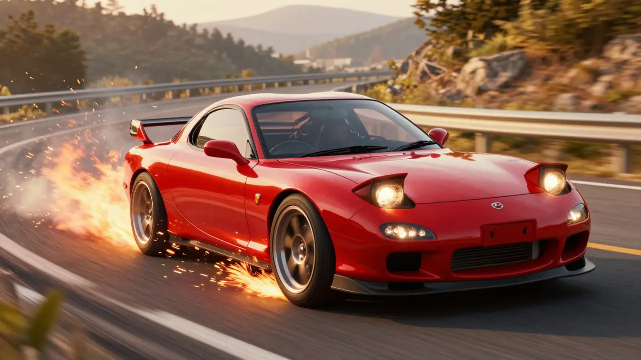 Mazda RX-7 drifting dramatically on a mountain road with fiery exhaust trails.