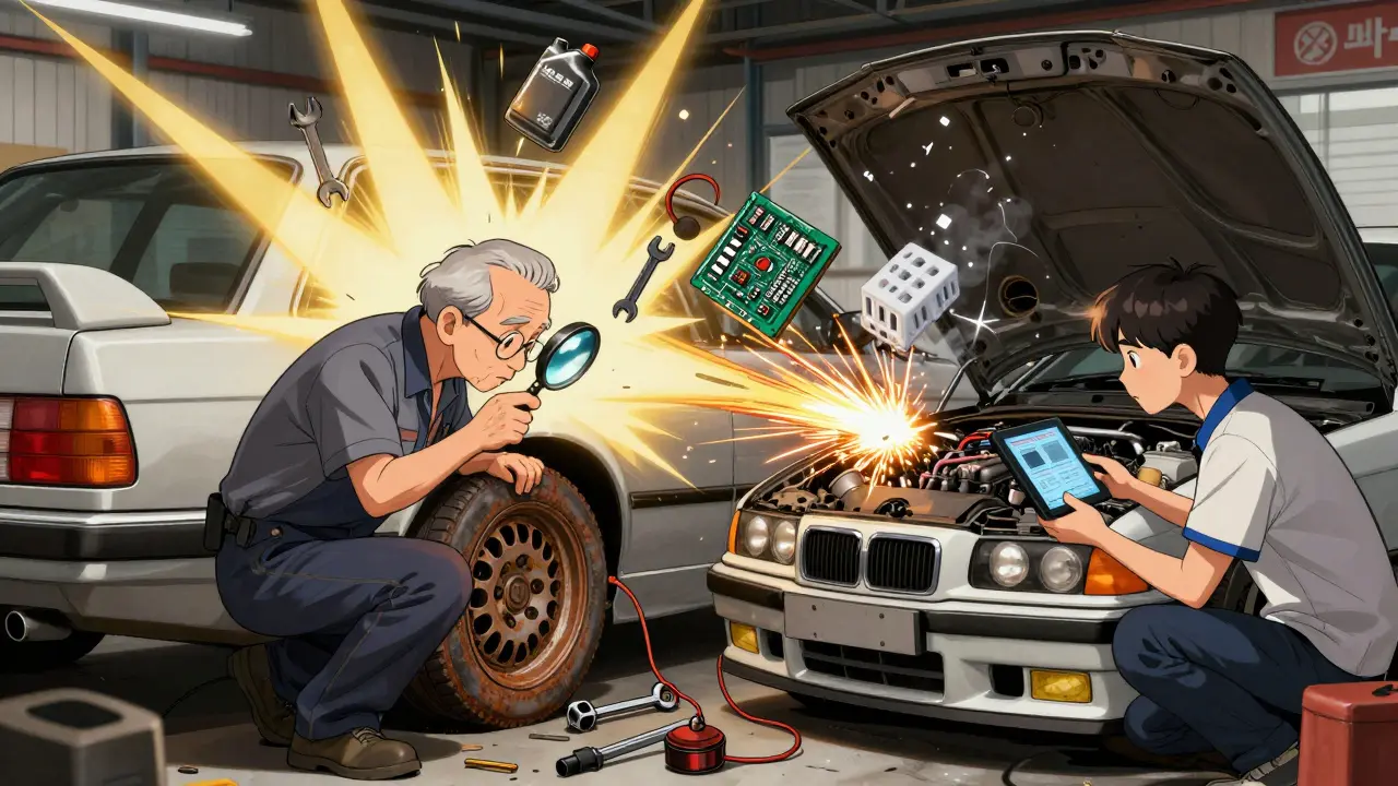 Механик чинит E30, а техник борется с электроникой E36 в гараже — детали летят в разные стороны.