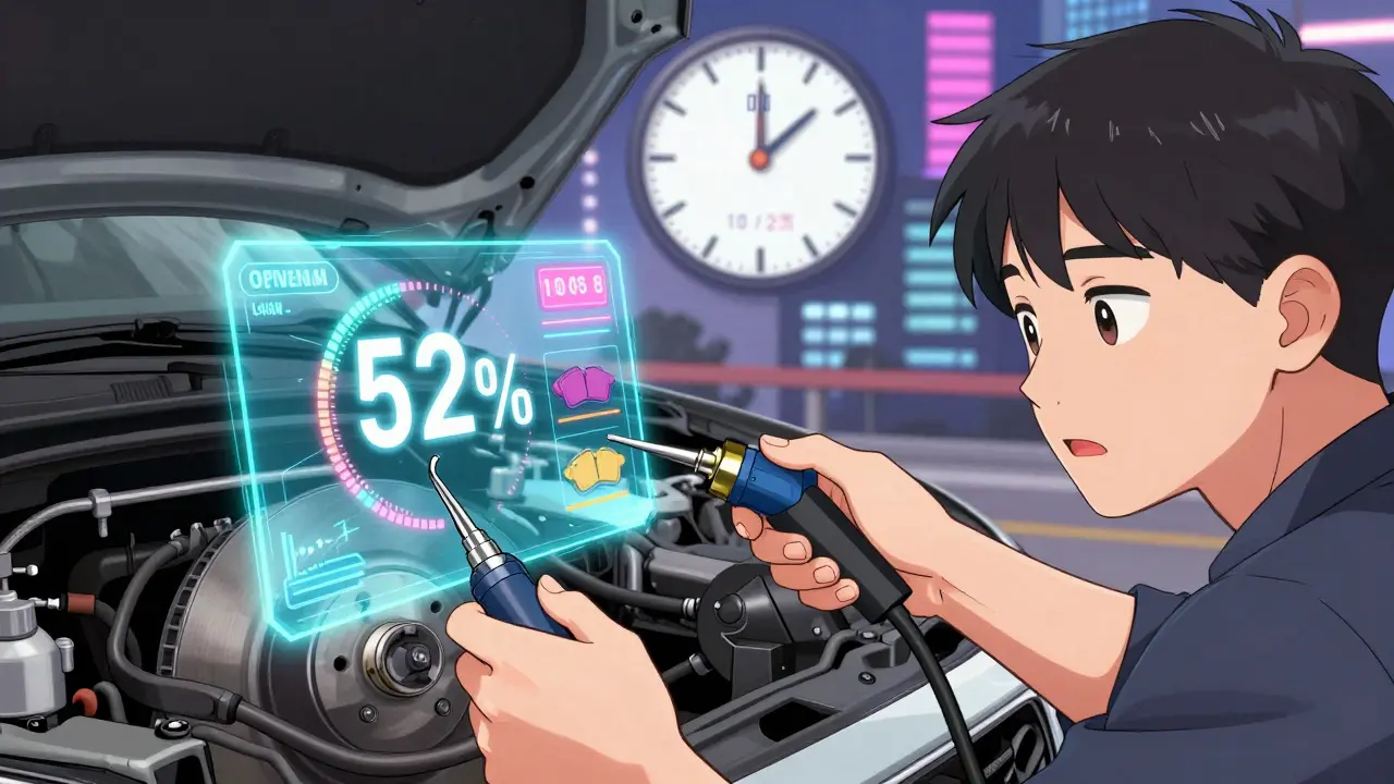 Механик проверяет тормоза автомобиля с голографическим индикатором эффективности и предупреждениями.