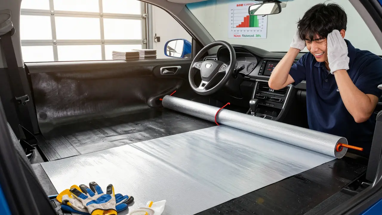 Механик в гараже наносит три слоя автомобильной шумоизоляции с тепловой пушкой и роликом на полу машины.