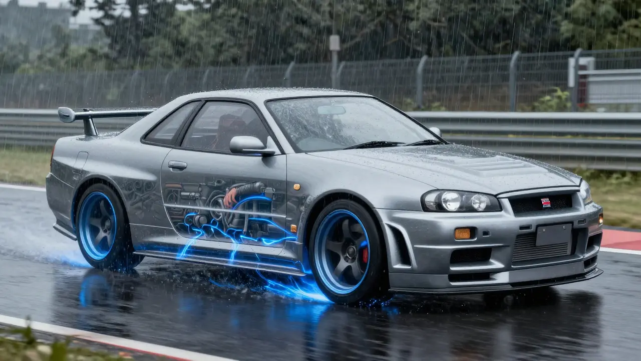 Nissan Skyline GT-R R34 balanced perfectly on a rainy track with glowing AWD energy.