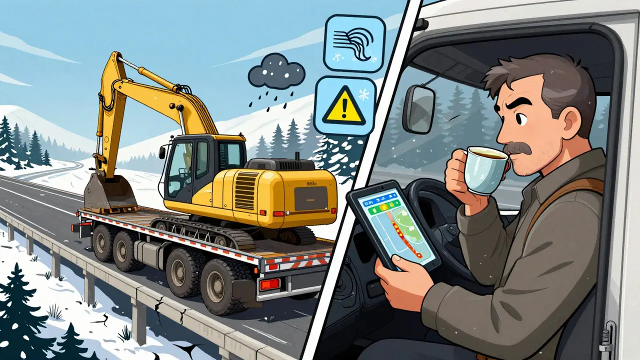 Низкорамный трал перевозит экскаватор, водитель следит за данными на планшете — путь через снежную тайгу и новые дороги.