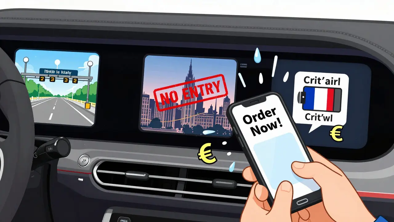 Панель приборов автомобиля с предупреждениями о платных дорогах и экозонах в Европе.