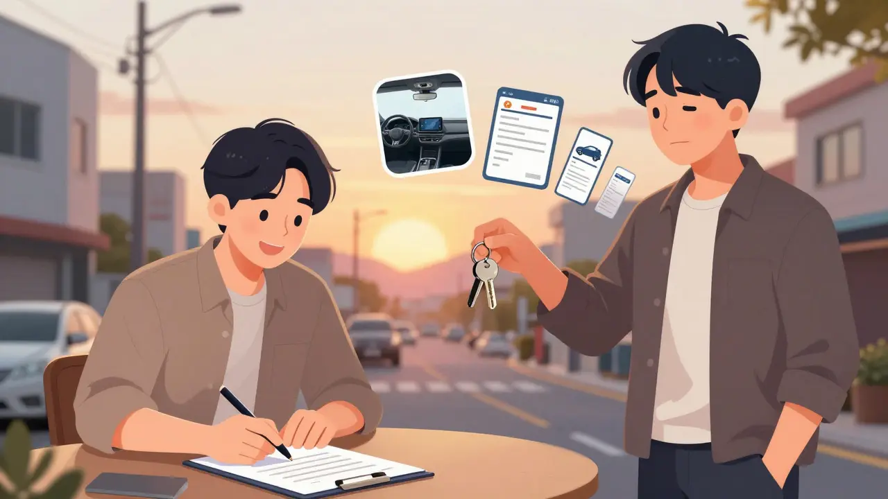 Покупатель подписывает договор, продавец передаёт ключи, рядом — символы сделки: сниженная цена и чистый салон.