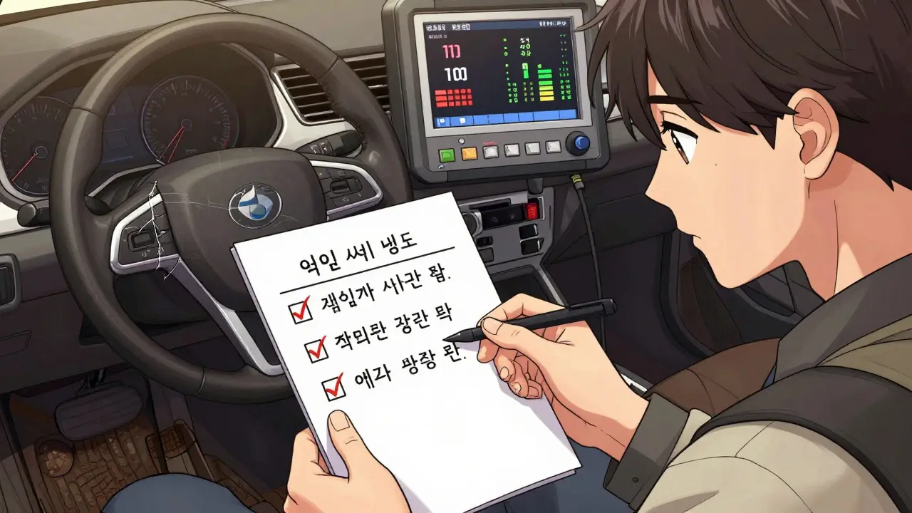 Покупатель показывает продавцу список дефектов автомобиля, а диагностика отображает ошибки на экране.