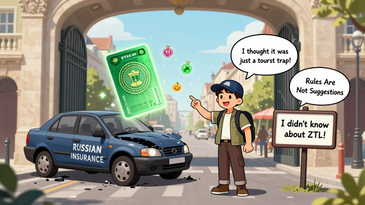 Путешественник у ворот города, рядом с магическими документами, необходимыми для въезда в Европу.