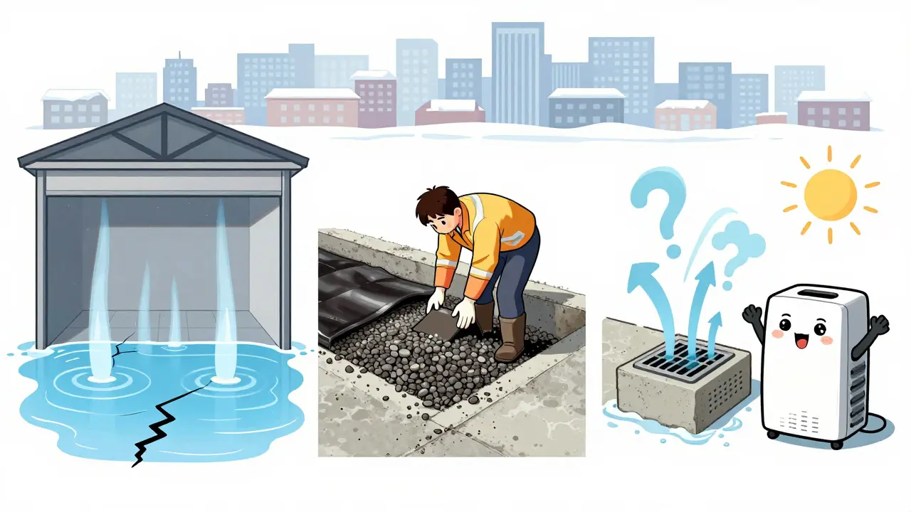 Работник укладывает дренажный слой под бетонный пол, вентиляционная система на стене, солнечный свет проникает через дверь.