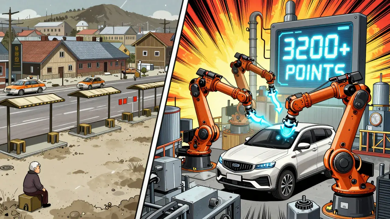 Разделённая сцена: пустой сибирский город слева и завод в Калуге, собирающий локализованный автомобиль справа.