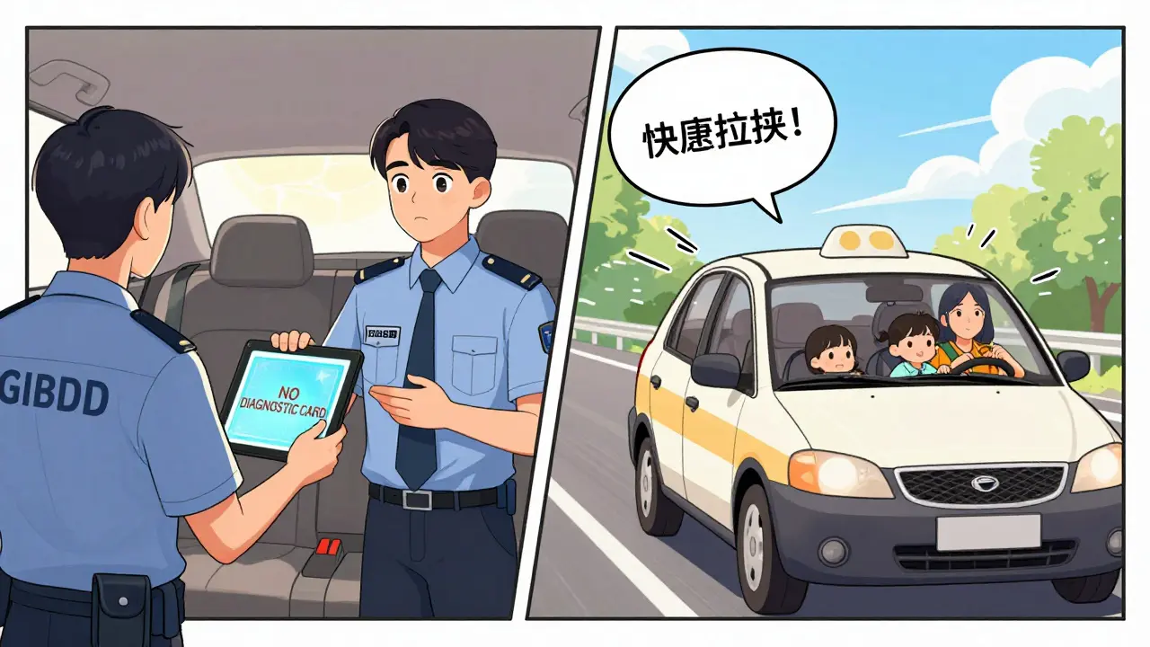 Разделённая сцена: таксист остановлен инспектором, а семья в новой машине едет без проверки.