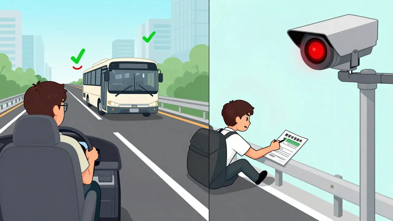 Сравнение безопасного опережения и нарушения на обочине, с камерой, фиксирующей нарушение.