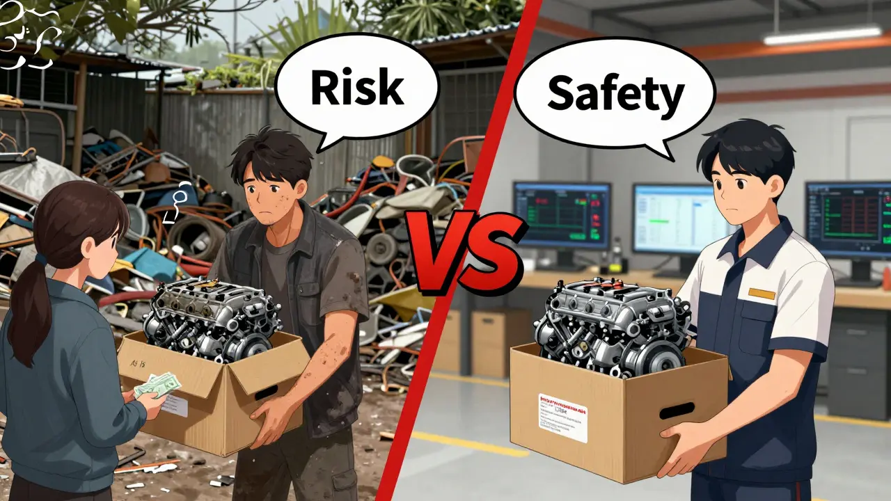 Сравнение: грязный рынок сомнительных запчастей и чистый склад с гарантией и тестами.