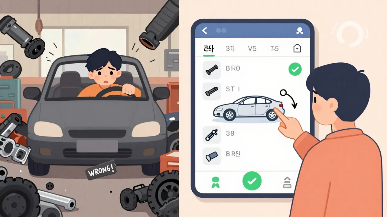 Сравнение: хаотичные неподходящие запчасти слева и точный подбор по каталогу справа.