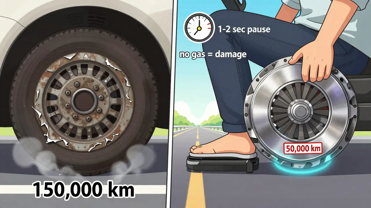 Сравнение изношенного и нового сцепления: слева — повреждённый диск, справа — целый, между ними — водитель с правильной техникой трогания.