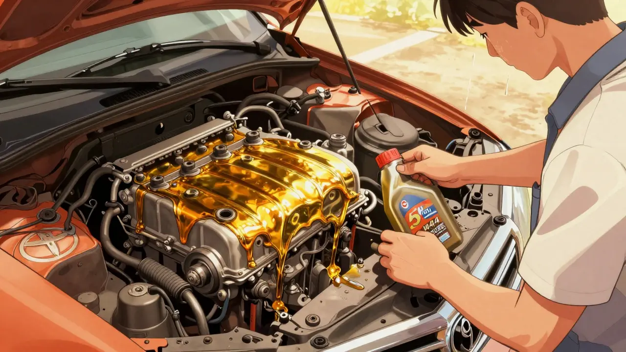 Старый двигатель Toyota Camry с маслом 5W-40, масло заполняет изношенные части в жару.