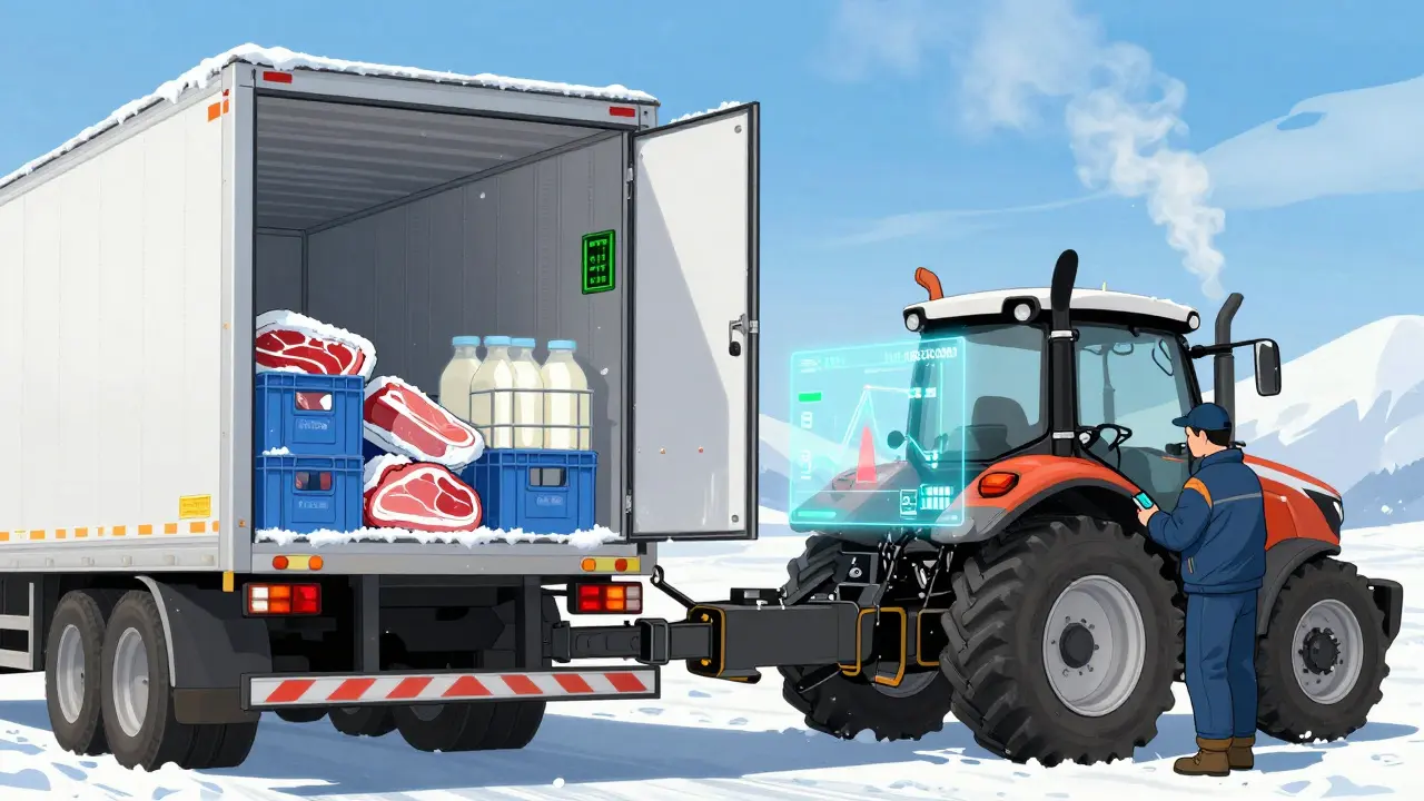 Тягач соединяется с рефрижераторным полуприцепом, внутри видны холодильные контейнеры и датчики температуры.
