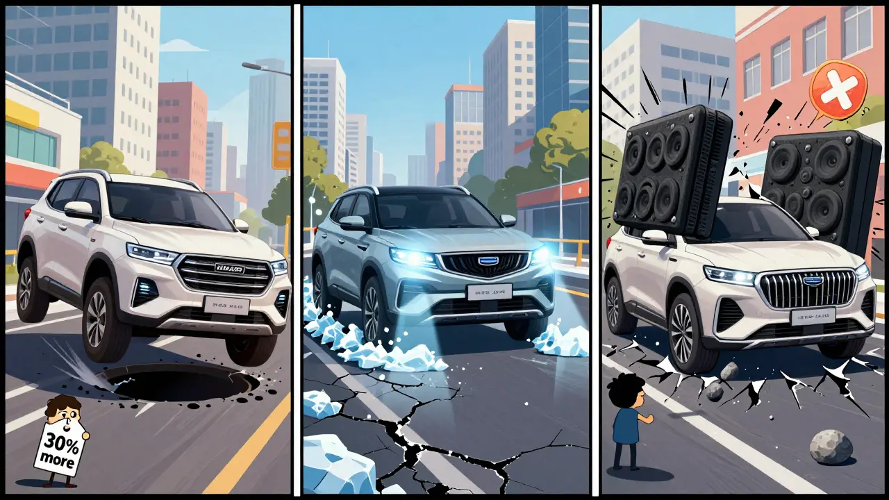 Три кроссовера на разбитой дороге: один преодолевает яму, второй показывает камеры, третий — слишком дорогой.