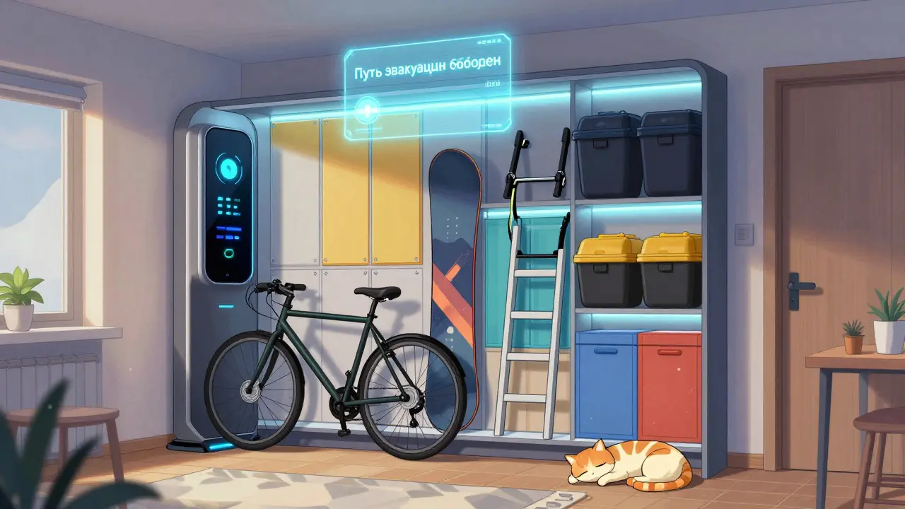 Умная система хранения опускает велосипед с помощью сенсорной панели, всё аккуратно.