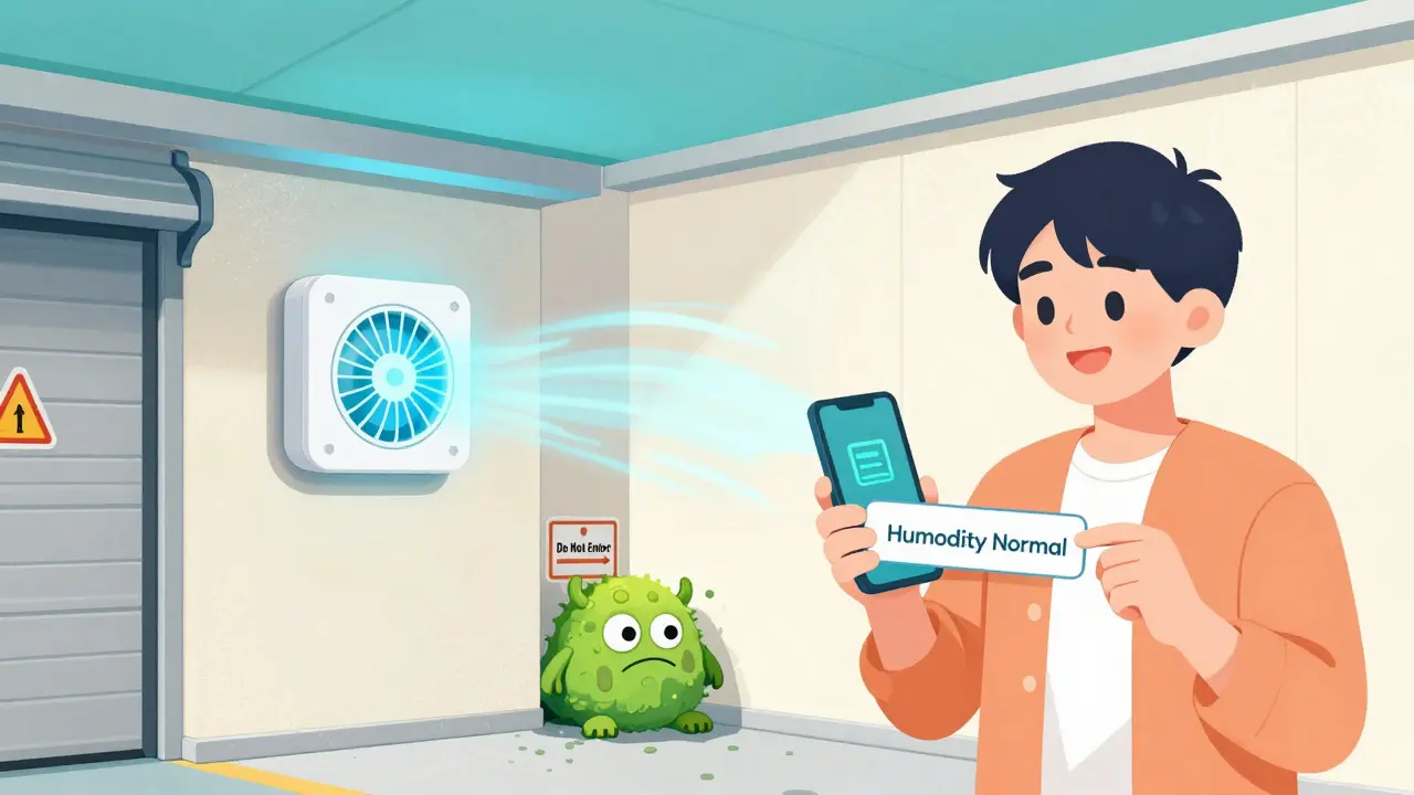 Умный датчик влажности на стене гаража, вентилятор работает, человек смотрит на телефон с уведомлением, плесень спряталась в углу.