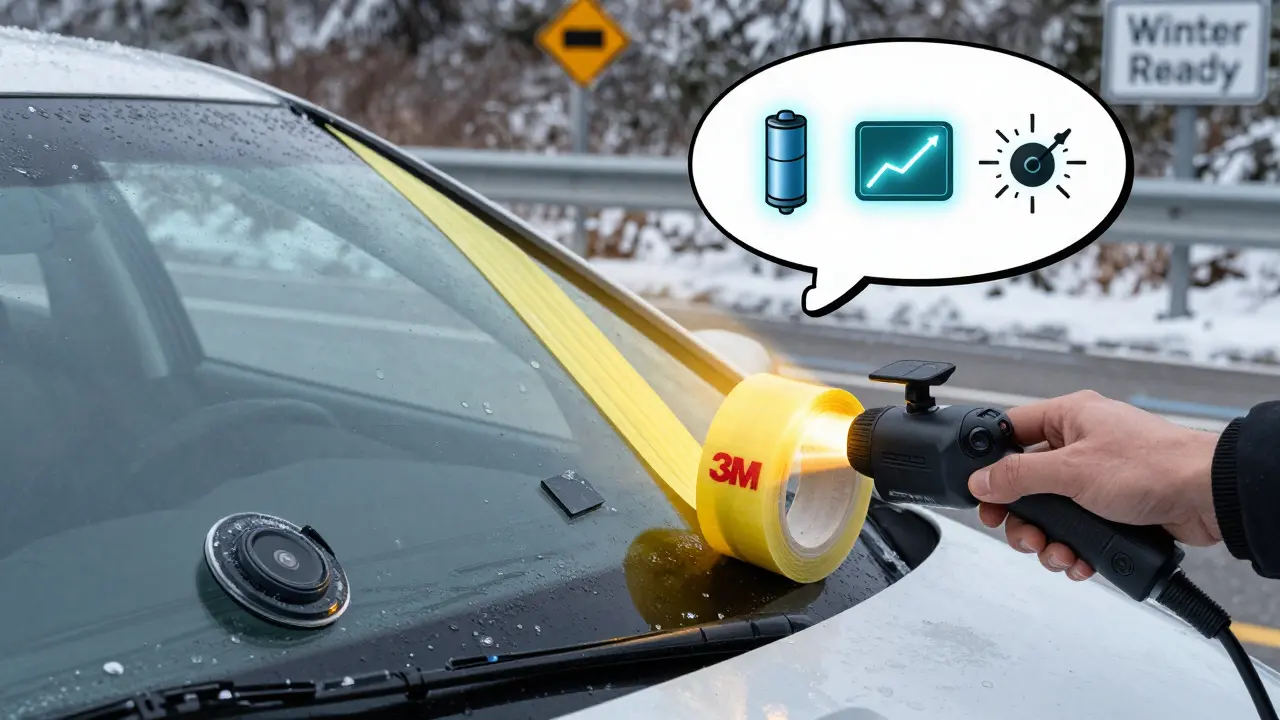 Установка видеорегистратора с помощью двустороннего скотча 3M на лобовое стекло, с подогревом и защитой от мороза.