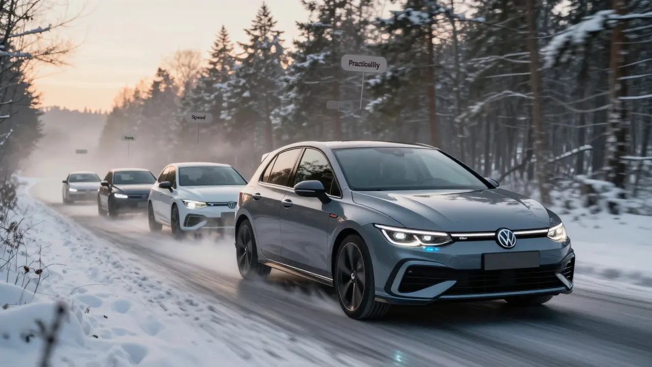 Volkswagen Golf R 2025 driving through snowy forest road at dawn, glowing all-wheel-drive system, other cars as faded silhouettes.