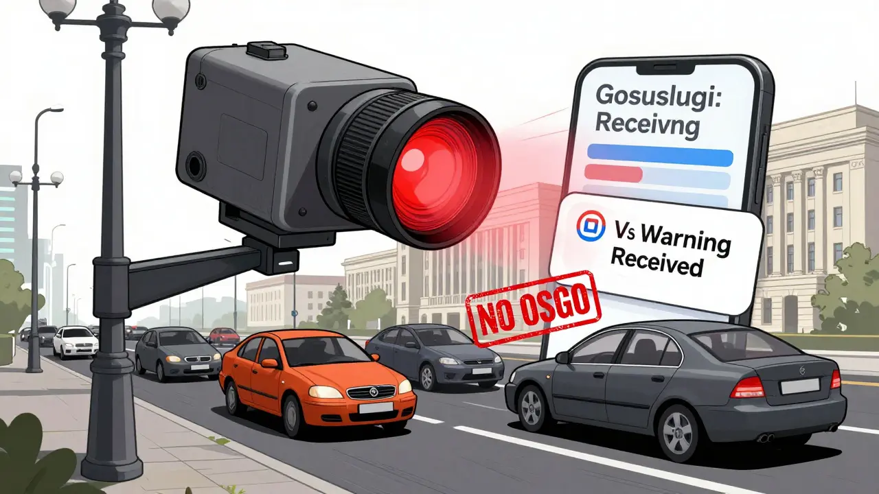 Автоматическая камера фиксирует автомобиль без страховки, на экране телефона появляется предупреждение через Госуслуги.