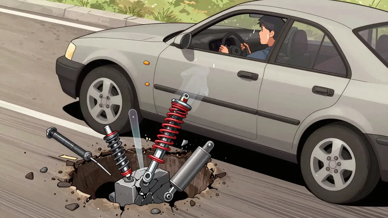Автомобиль проезжает через яму, внутри подвески видны разрушающиеся детали — резина треснула, амортизатор течет.