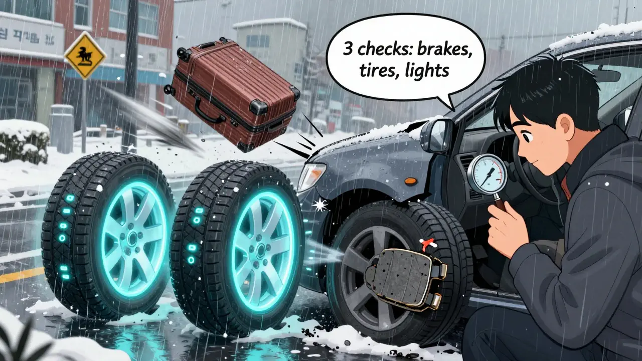 Автомобиль с подсвеченными шинами, проверка протектора и тормозов, чемодан летит в аварии, водитель осматривает машину в дождь и снег.