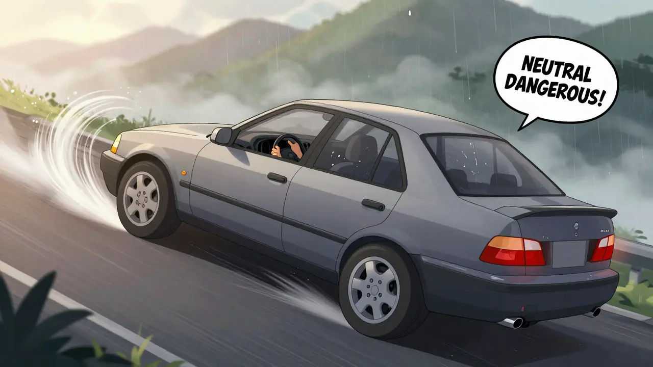 Автомобиль спускается с холма на передаче, двигатель тормозит, на фоне предупреждающий знак о нейтральной передаче.