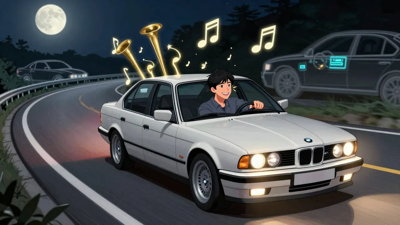 BMW E34 едет по ночному шоссе, звук двигателя изображён как плавающие джазовые ноты вокруг водителя.