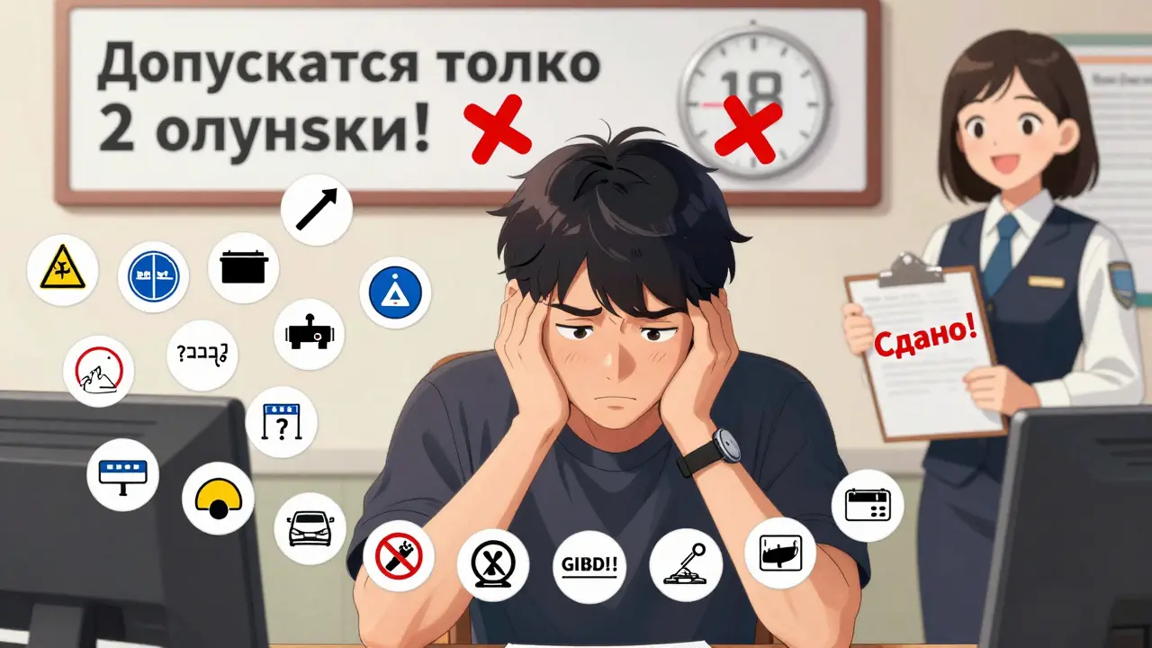Человек сдает теоретический экзамен в ГИБДД, с двумя ошибками и таймером на 18 минут.