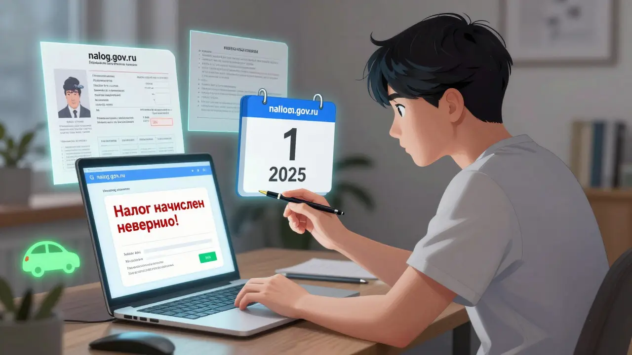 Человек за компьютером смотрит на ошибку в налоговой системе, рядом лежат документы, а в углу светится электромобиль.