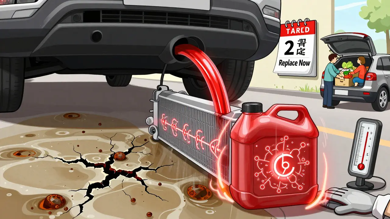 Чистый и грязный антифриз в сравнении, с календарем и уровнем влажности.