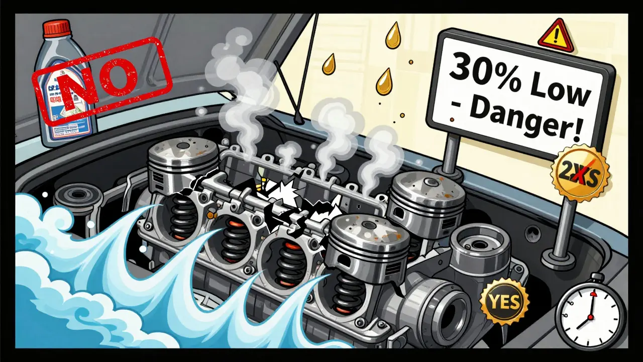 Двигатель под давлением: масло брызгает, поршневые кольца сломаны, на фоне — запрещенная присадка и надежная прокладка.