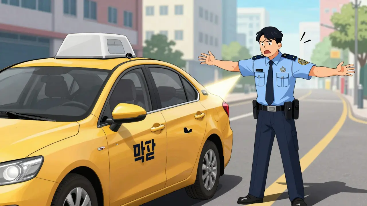 Инспектор ГИБДД осматривает такси после небольшого ДТП