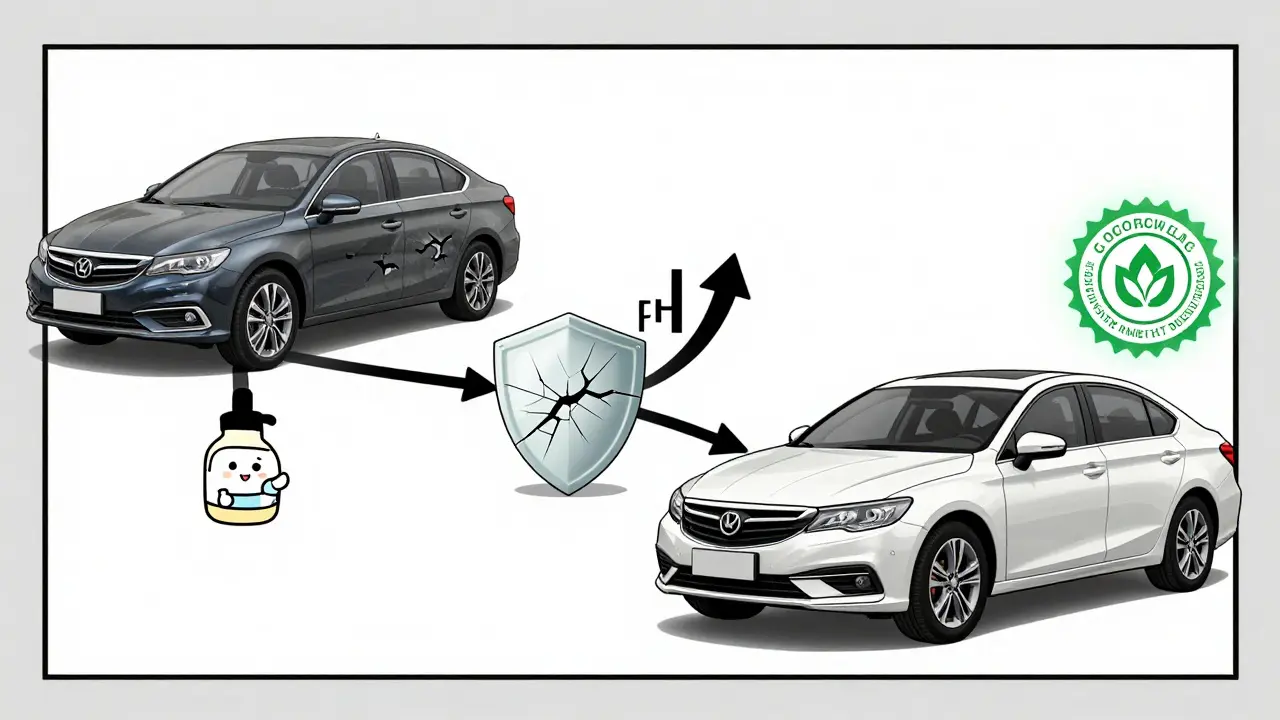 История автомобиля: от повреждённого лака к идеальной защите благодаря правильному шампуню.