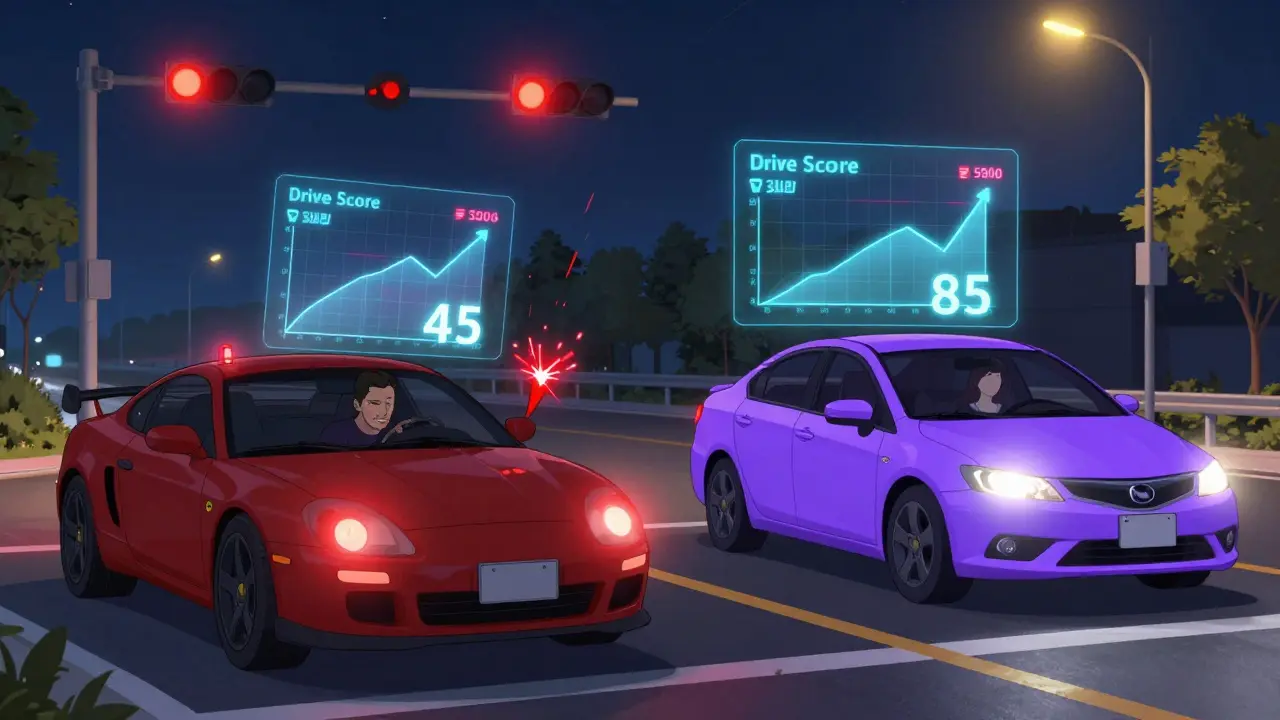 Контраст: агрессивный ночной водитель с падающим баллом и спокойная женщина днем с растущим баллом.