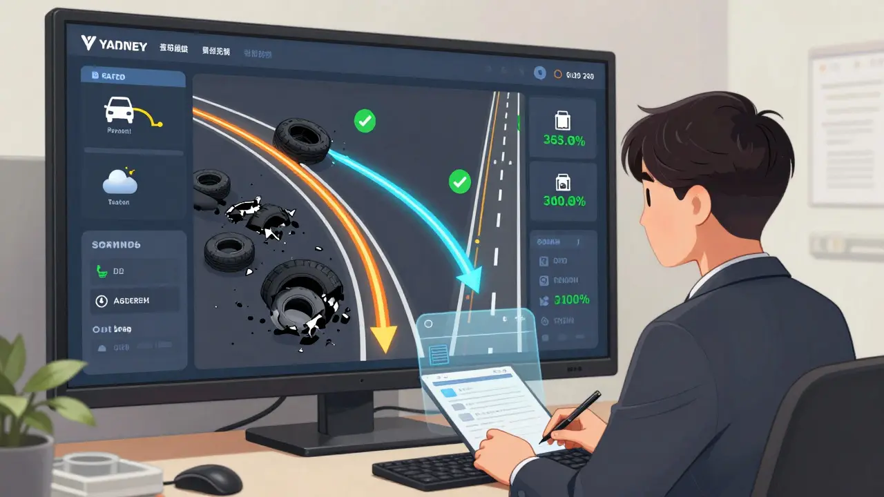 Логист просматривает панель управления с оптимизацией маршрутов, погоды и автоматической оплатой через Яндекс.