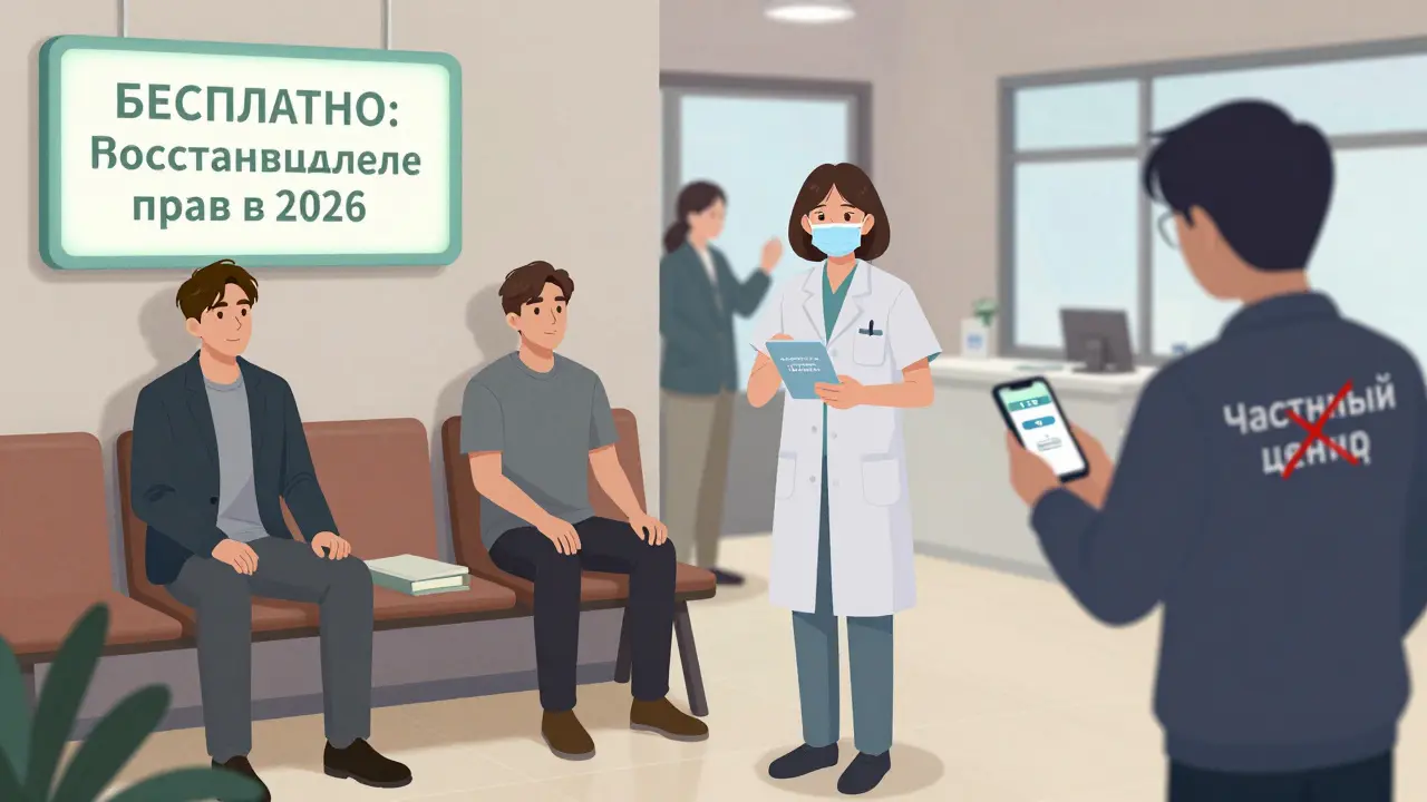 Люди проходят медкомиссию в маленьком городе, а рядом — ложное предложение платного ускорения.