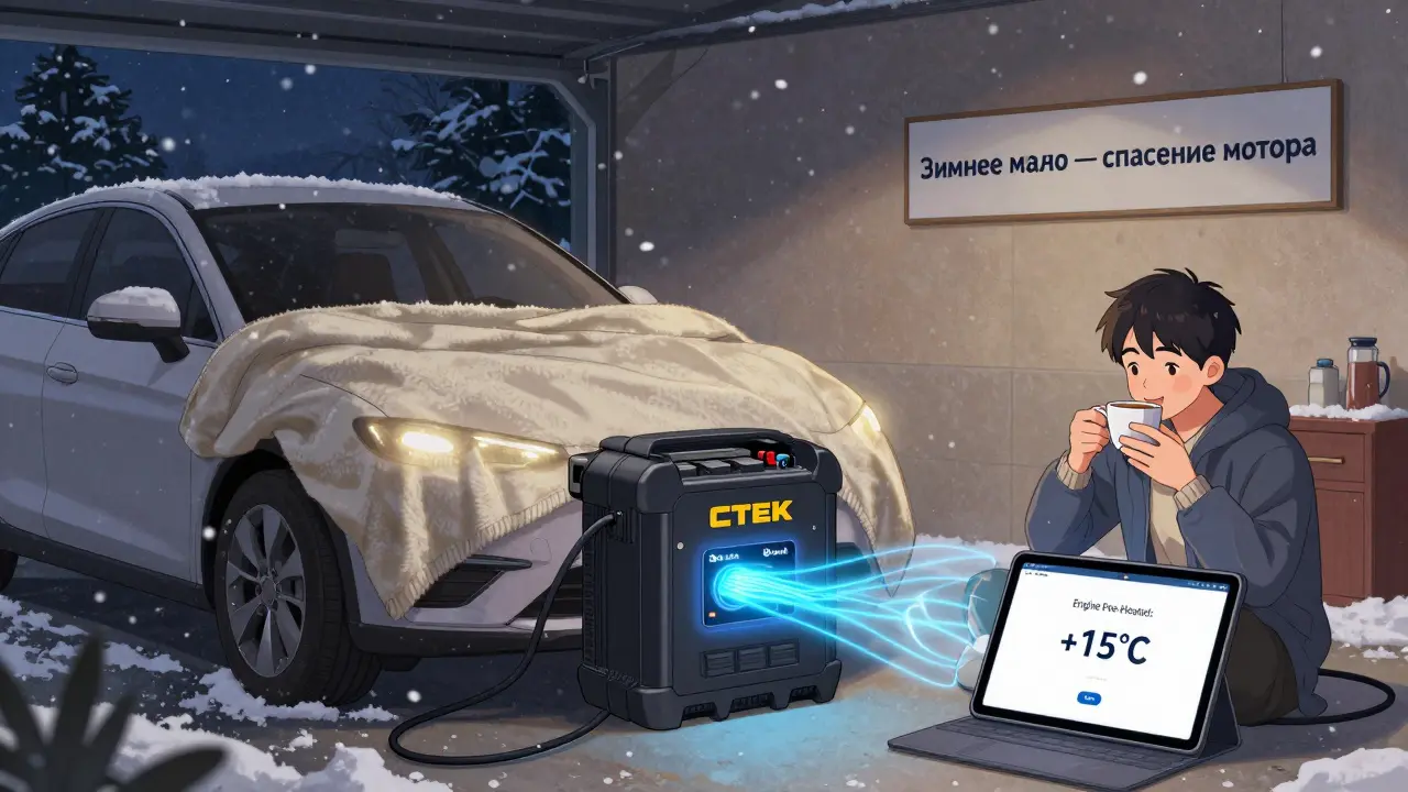 Машина под одеялом в гараже, зарядное устройство подключено, на экране — предварительный прогрев двигателя.