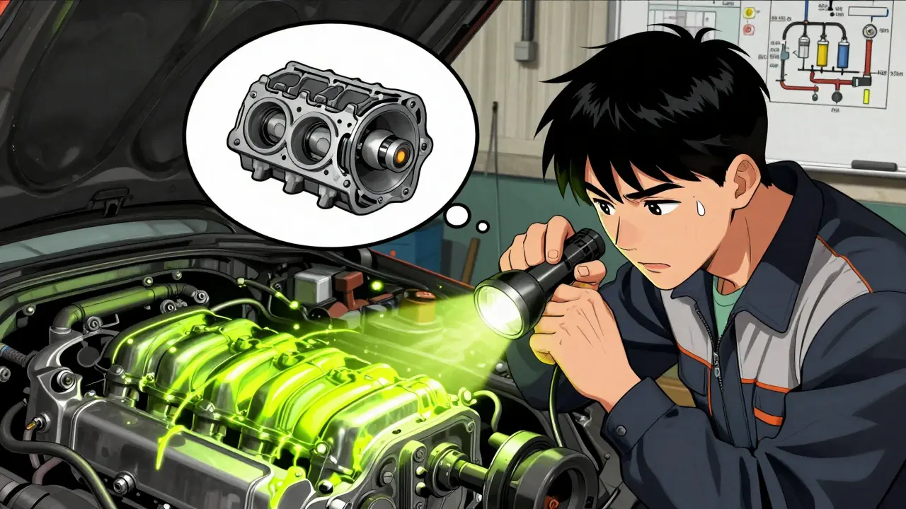 Механик осматривает двигатель УФ-фонариком, масляные следы светятся зелено-желтым, в мыслительном облаке — разрушенная прокладка.