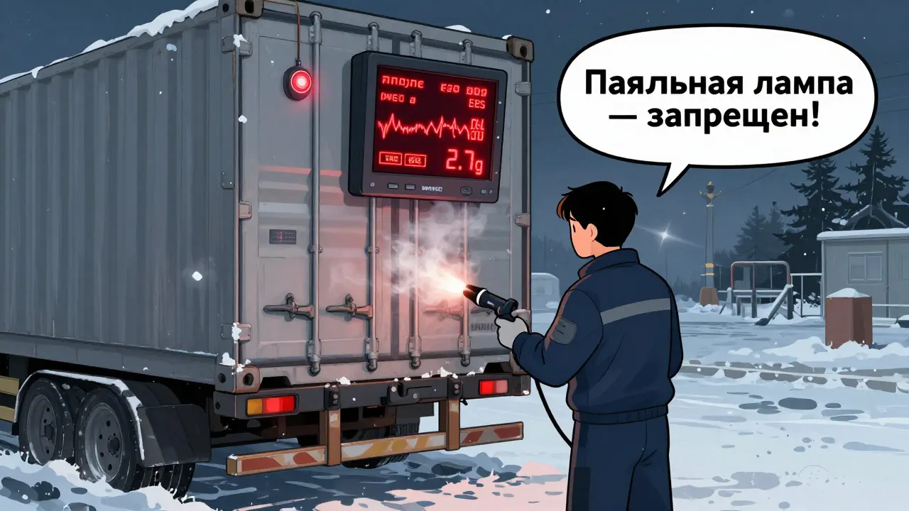 Механик пытается отогреть замерзшие фиксаторы на прицепе MANAC, на панели мигают предупреждения об отказе системы.