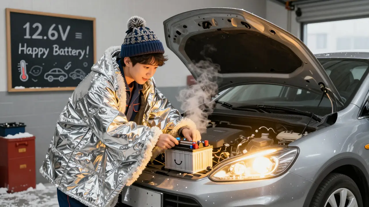Механик утепляет аккумулятор в гараже, водитель включает фары перед запуском двигателя.