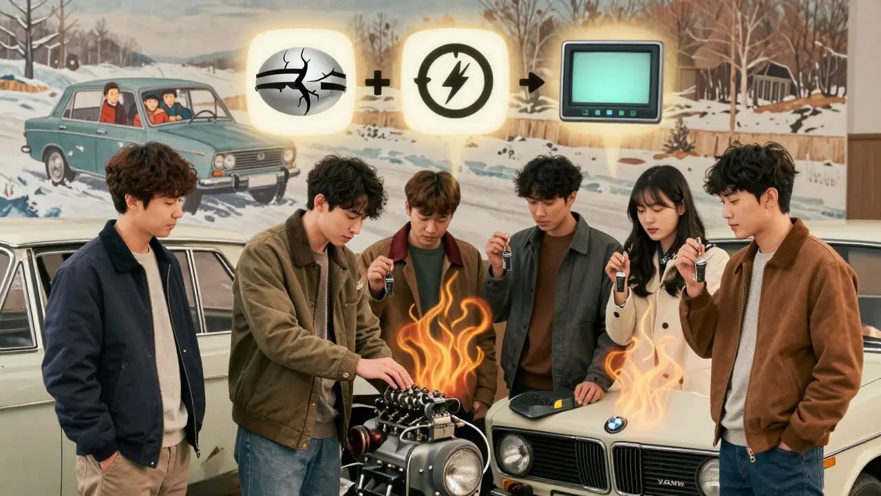 Молодые люди прикасаются к классическим автомобилям с трепетом, вокруг них парят символы утраченной механики.