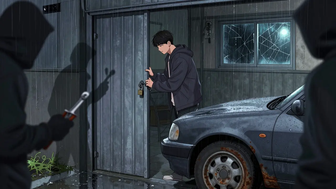 Мужчина пытается запереть металлический гараж, но на стене капает конденсат, а тени воров держат болгарку.