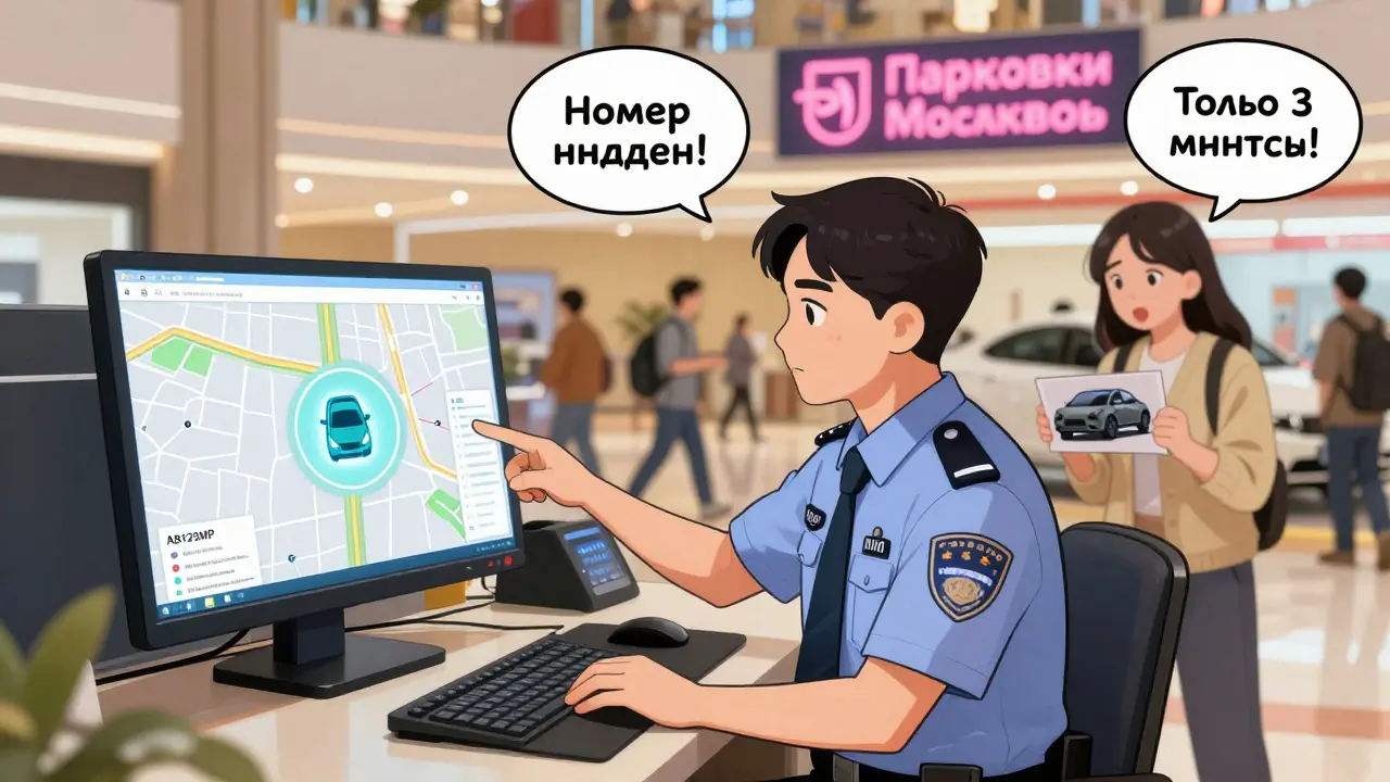Охранник показывает на экране схему парковки, где четко видна машина с номером, а водитель смотрит с облегчением.