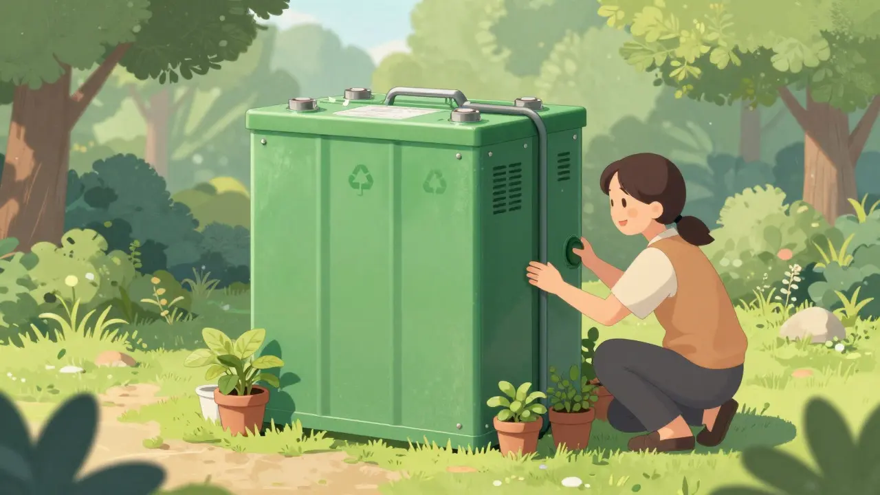 Переработанная батарея электромобиля в саду дома