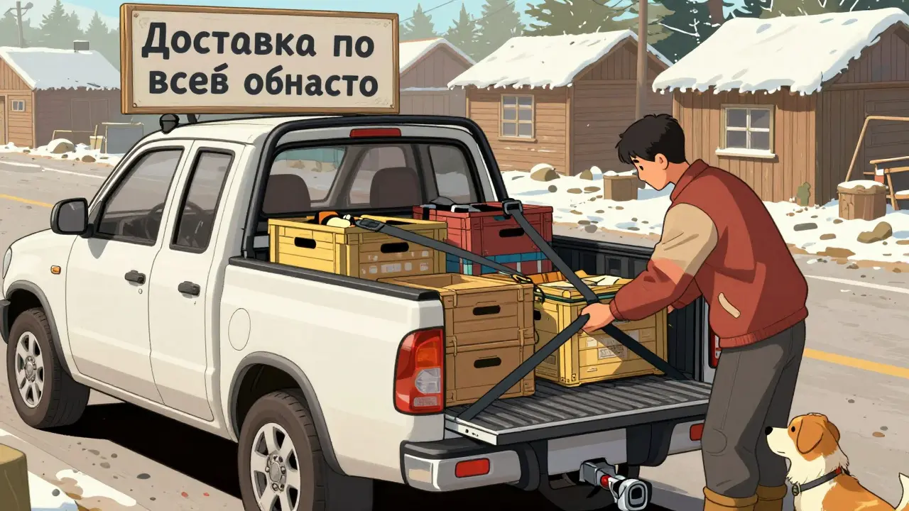 Пикап Foton Tunland G7 на рынке с грузом, рабочий крепит стропы, деревянные домики на фоне.