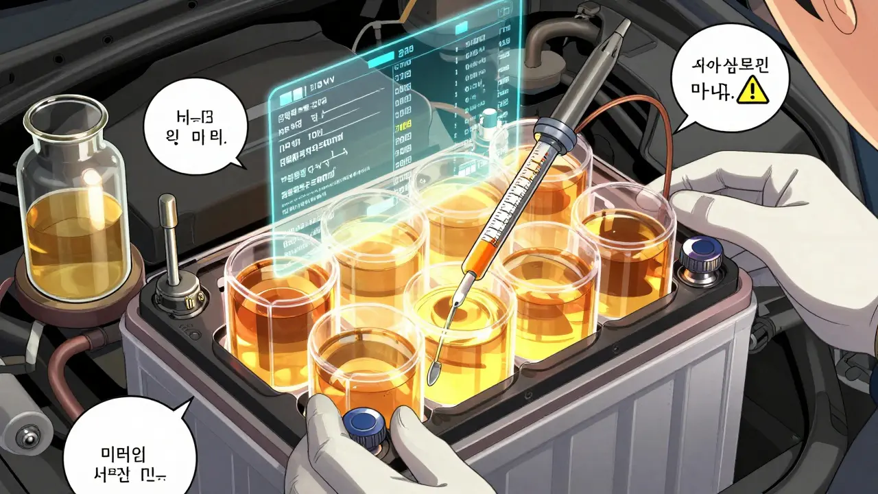 Процесс измерения плотности электролита в банках автомобильного аккумулятора