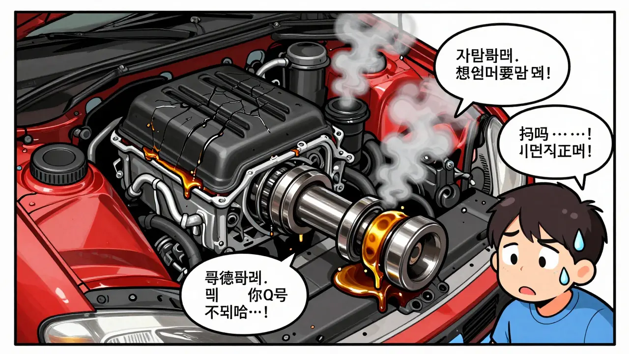 Разобранный двигатель с выделенными утечками: прокладка клапанов, сальник коленвала и забитый сапун, показаны в стиле exploded view.