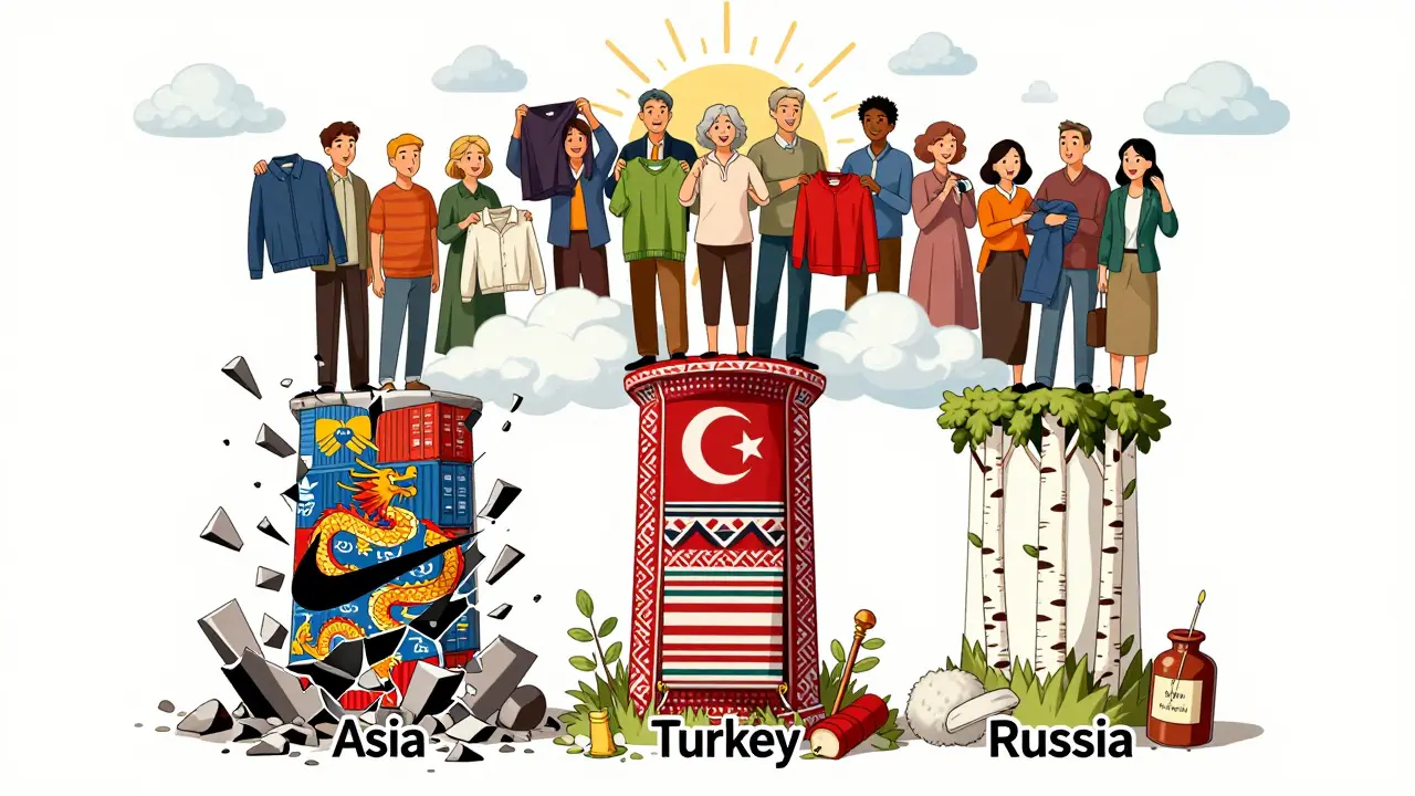 Разрушающийся западный логотип превращается в три столпа: Азия, Турция, Россия — люди в качественной одежде без логотипов.